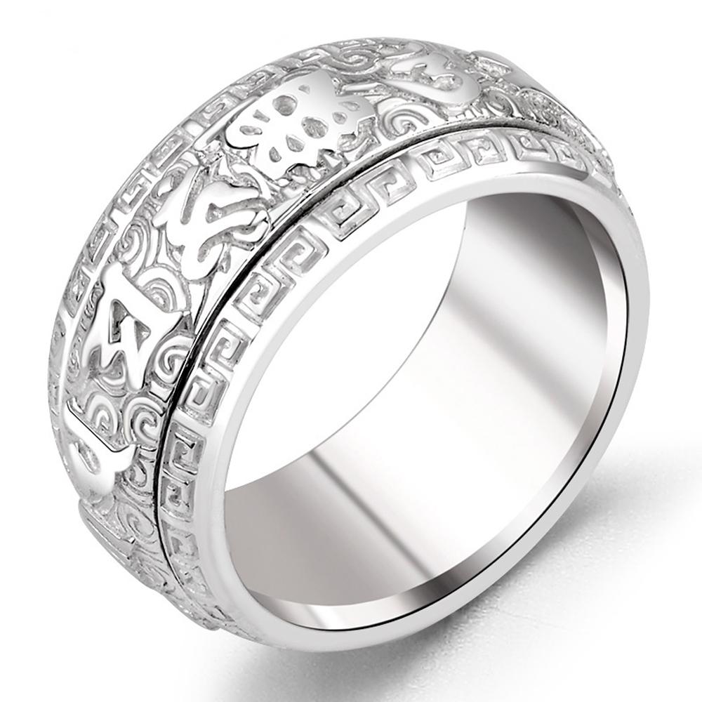 Artisan d'Asie Bagues 54.3 mm / Antique Bague tournante mantra Om Mani Padme Hum en argent 990