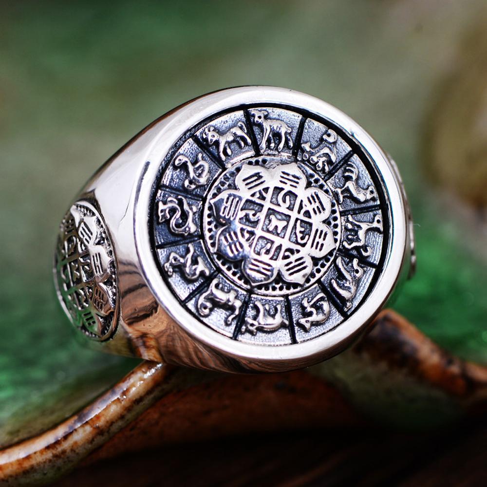 Artisan d'Asie Bagues 58 mm Bague ronde signes du zodiaque en argent 925