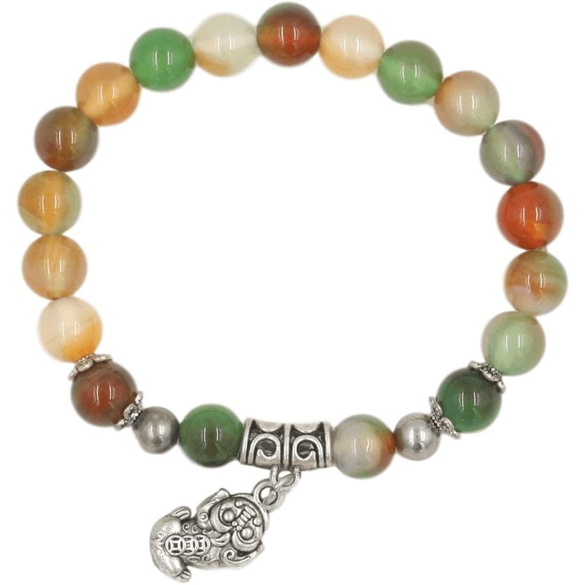 Mala bracelet in agate stone and pixiu pendant in silver