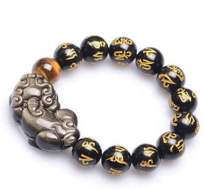 Mala bracelet in engraved obsidian stone and tiger eye