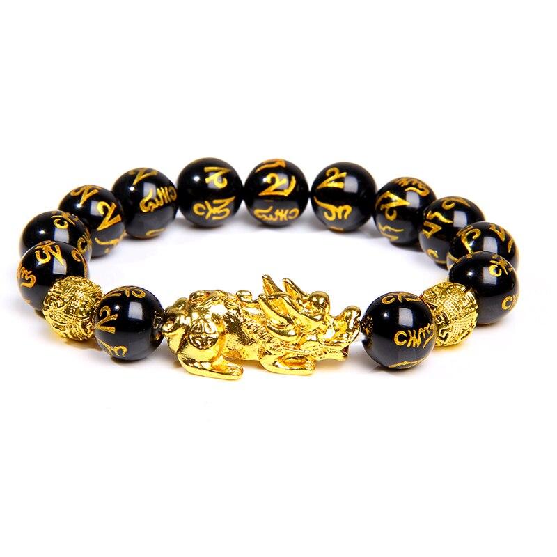 Artisan d'Asie Bracelets Malas Obsidienne Noire OM Bracelet Mala avec Pixiu Or et Pierres Naturelles