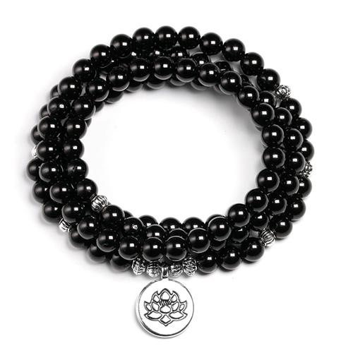 Artisan d'Asie Colliers Malas Arbre de vie Collier Mala 108 Perles en Tourmaline Noire