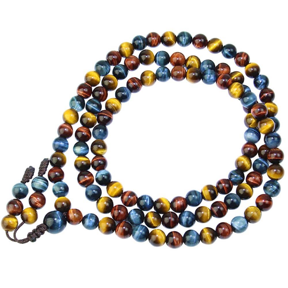 Artisan d'Asie Colliers Malas Collier mala en pierre d'oeil de tigre rouge, jaune et bleu