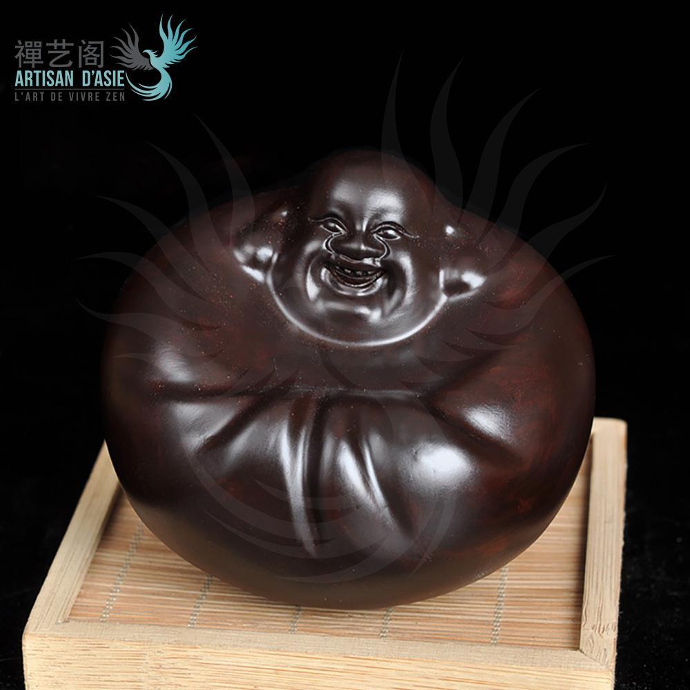 Round Maitreya Laughing Buddha Statue in Black Sandalwood