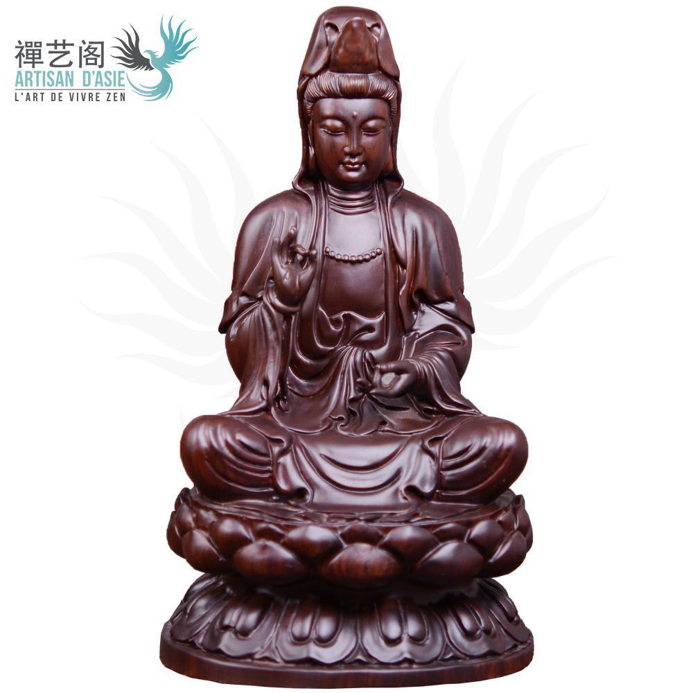 Artisan d'Asie Statues Bouddha 20 cm - Assis / Bois de Santal Noir Statue Bodhisattva Guanyin assis ou debout en bois de santal noir ou bois de padouk