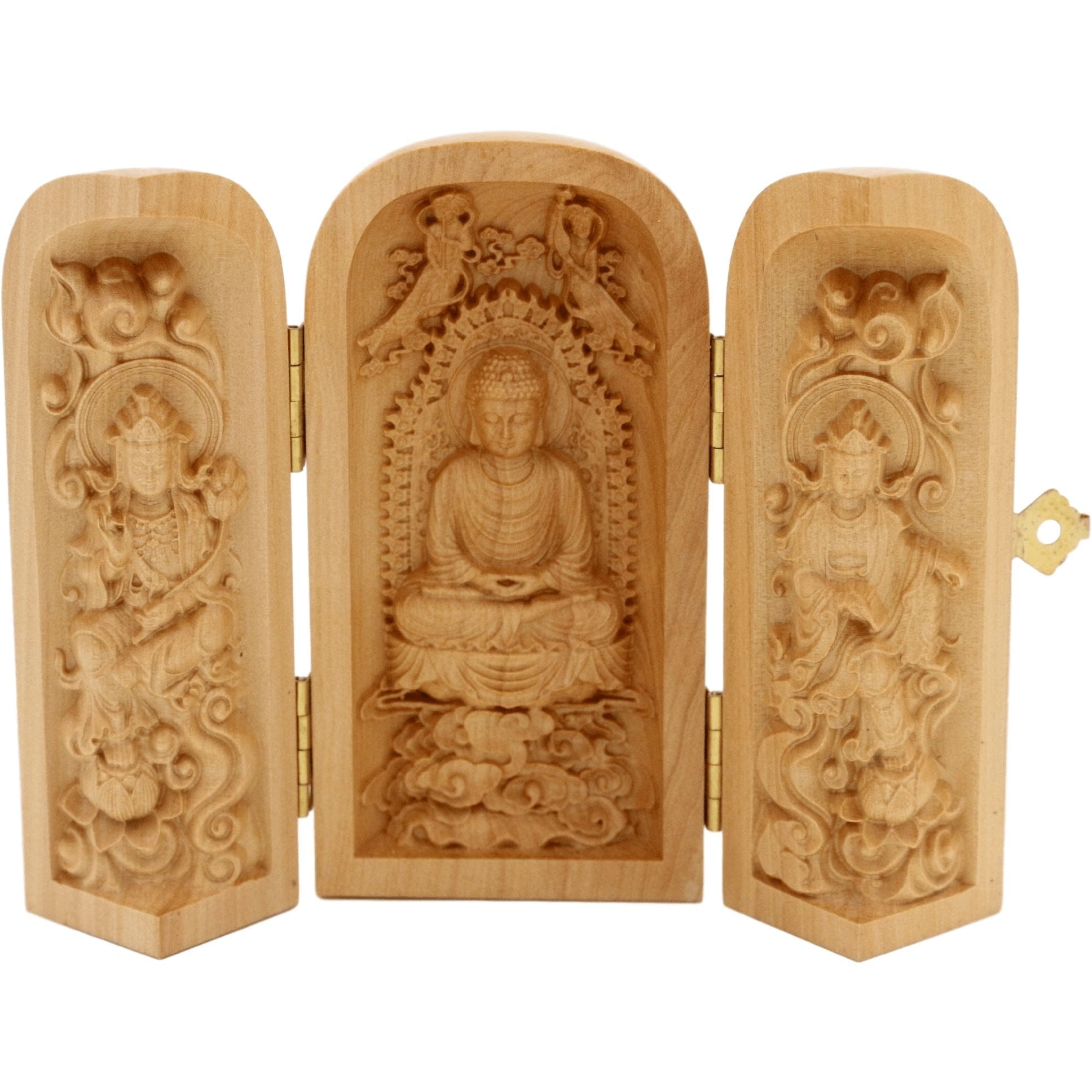 Box of 3 handcrafted wooden statuettes - Amitabha Buddha - Design 3