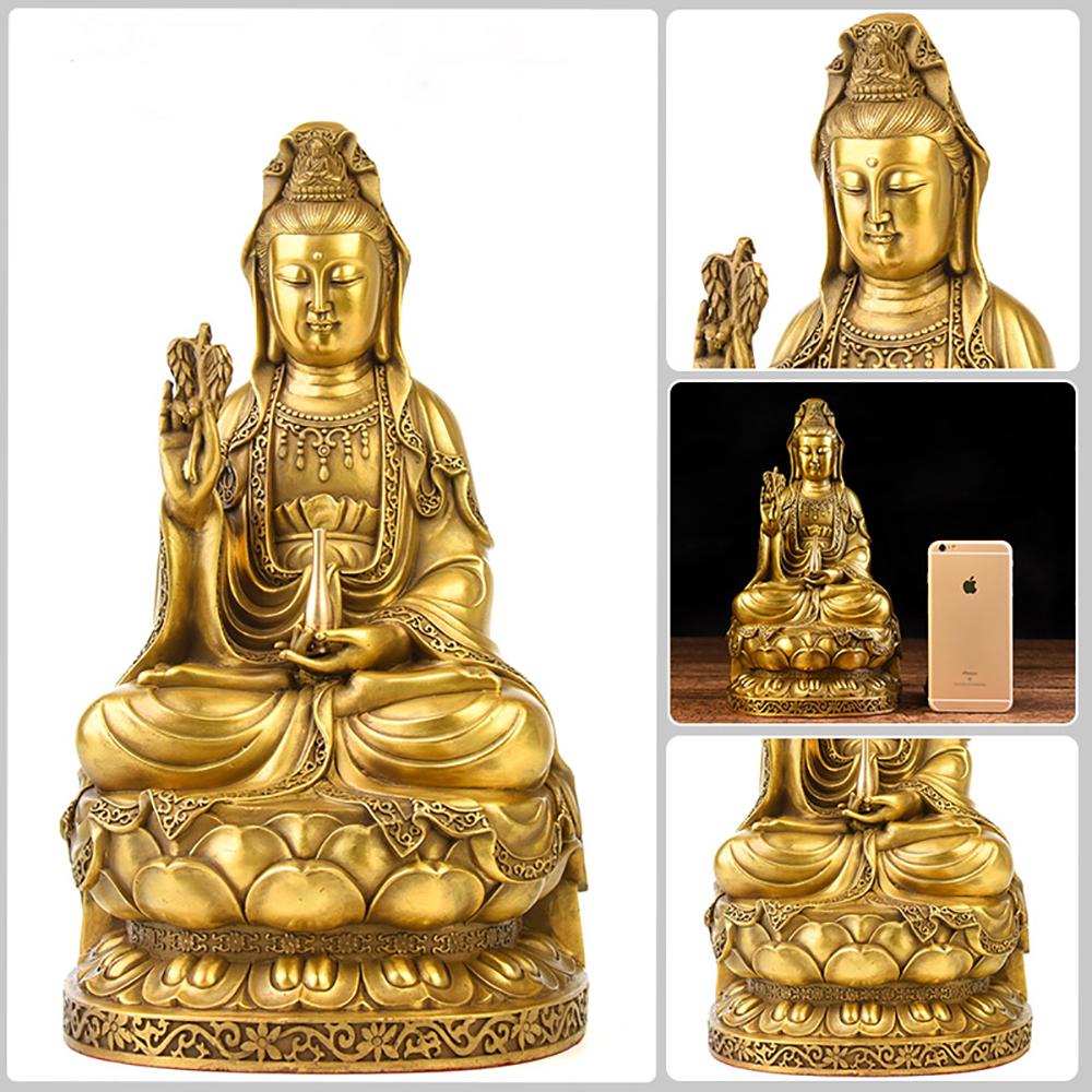 Artisan d'Asie Statues Bouddha XS - 16 cm Statue Bodhisattva Guanyin en cuivre jaune