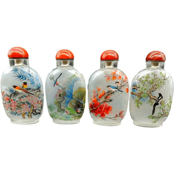 Artisan d'Asie Tabatières Fleurs et Oiseaux 3 Lots de 4 tabatières chinoises en cristal