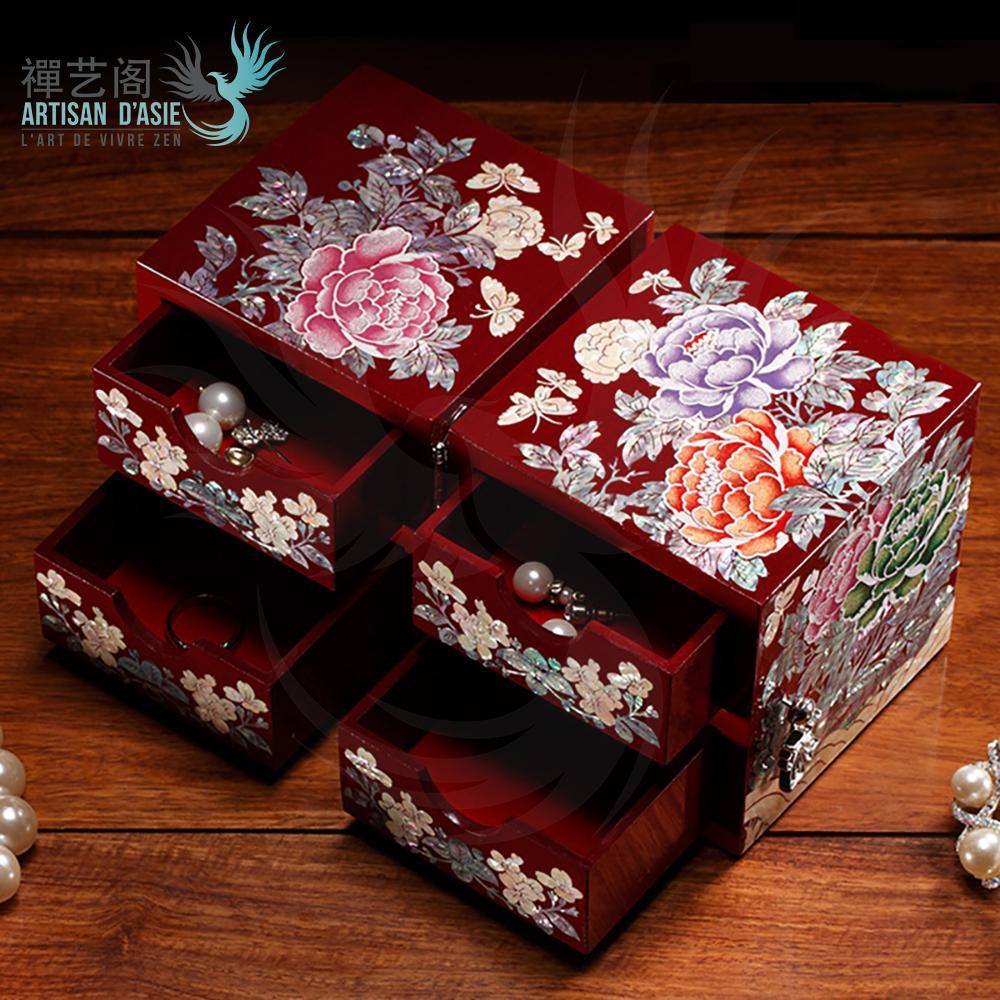 Boîte coffret Japon bois laqué incrustations nacre oiseau fleurs signé XXè